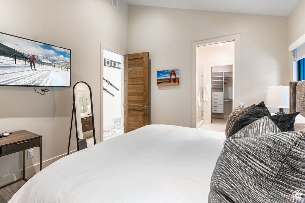 Bedroom with lofted ceiling, a spacious closet, and a closet