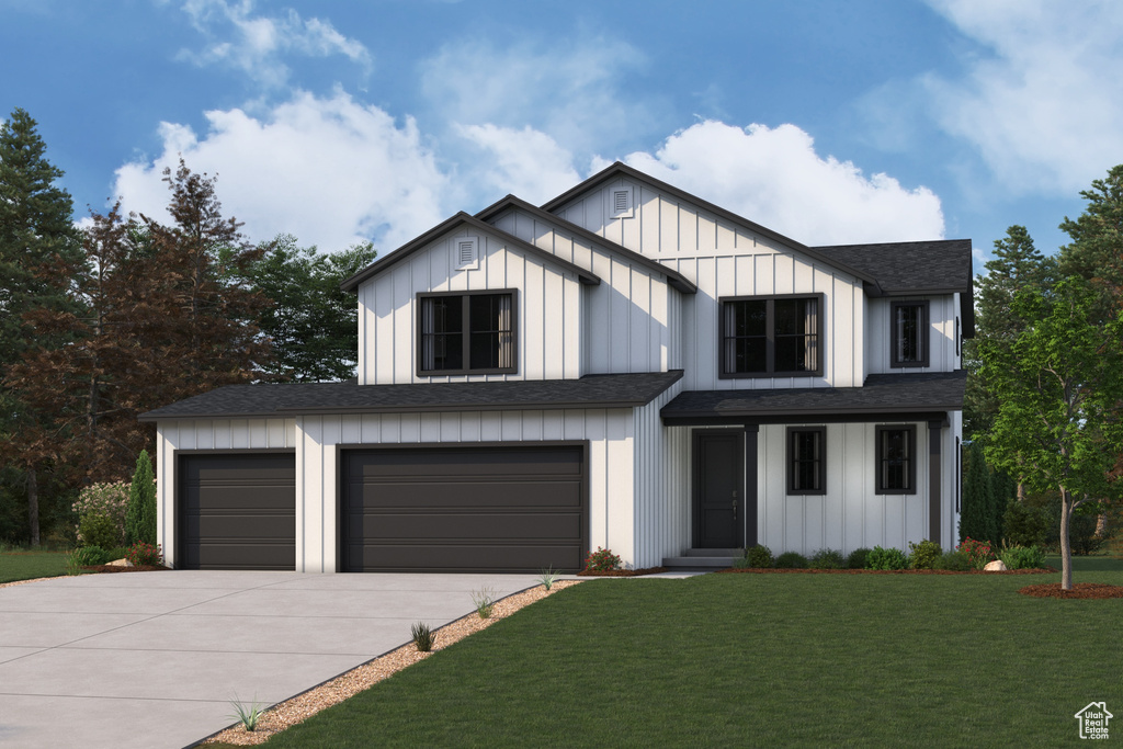 Modern farmhouse featuring driveway, a shingled roof, a front yard, board and batten siding, and a garage