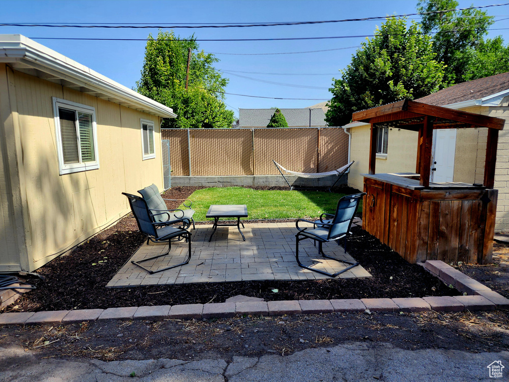 Fenced backyard with a patio