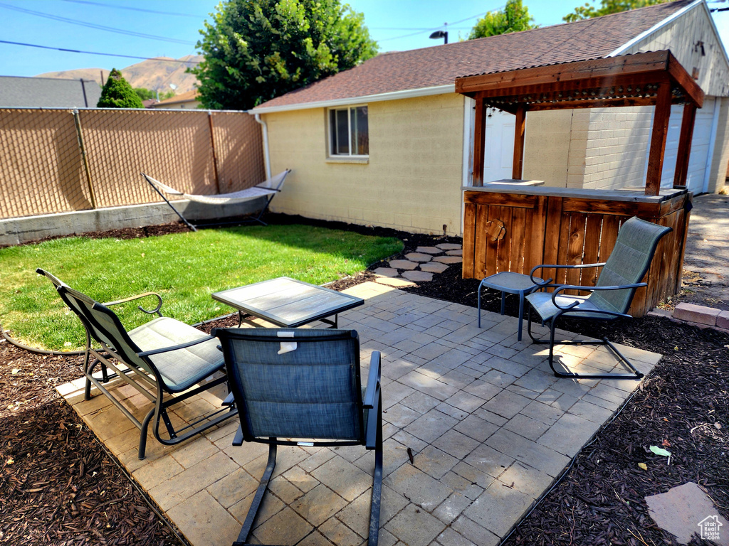 Fenced backyard featuring a patio