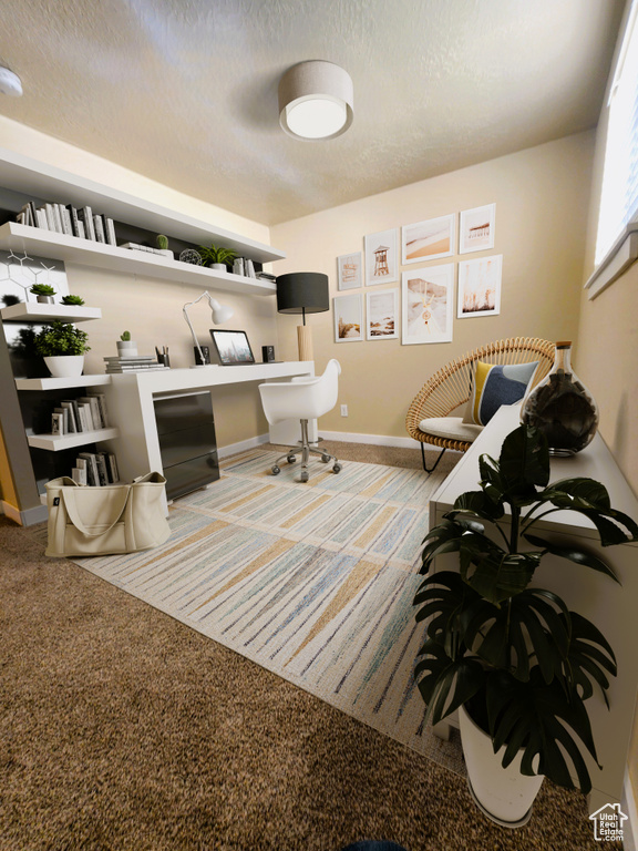 Home office with carpet flooring and a textured ceiling