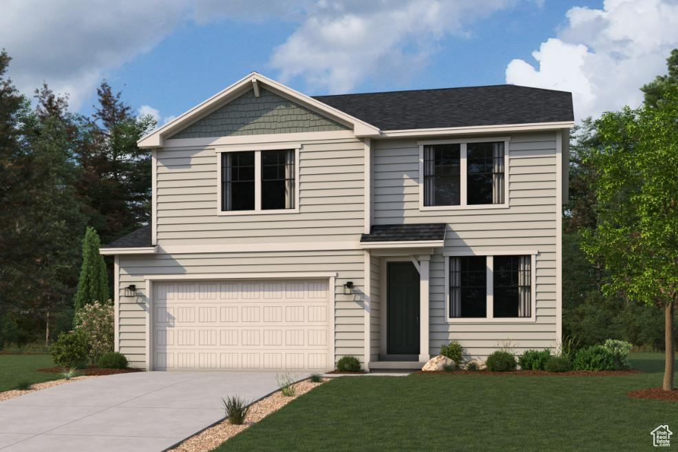 View of front of home featuring concrete driveway, an attached garage, a front lawn, and roof with shingles