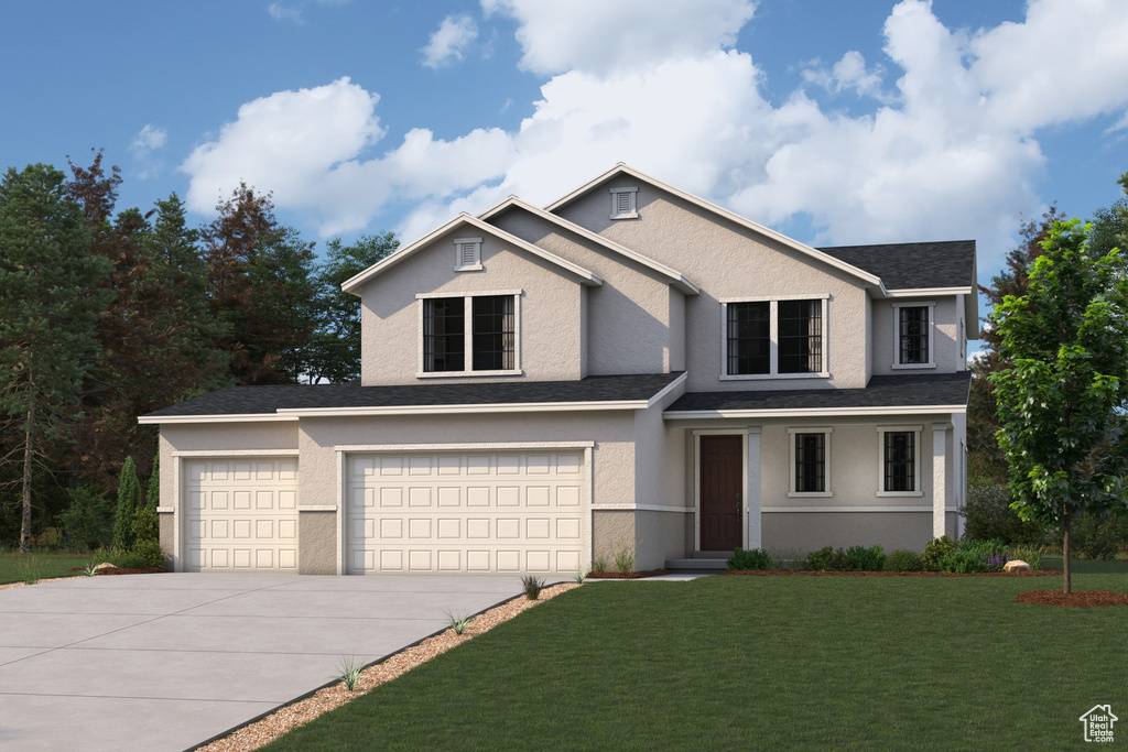 View of front facade with driveway, a front yard, stucco siding, a garage, and a shingled roof