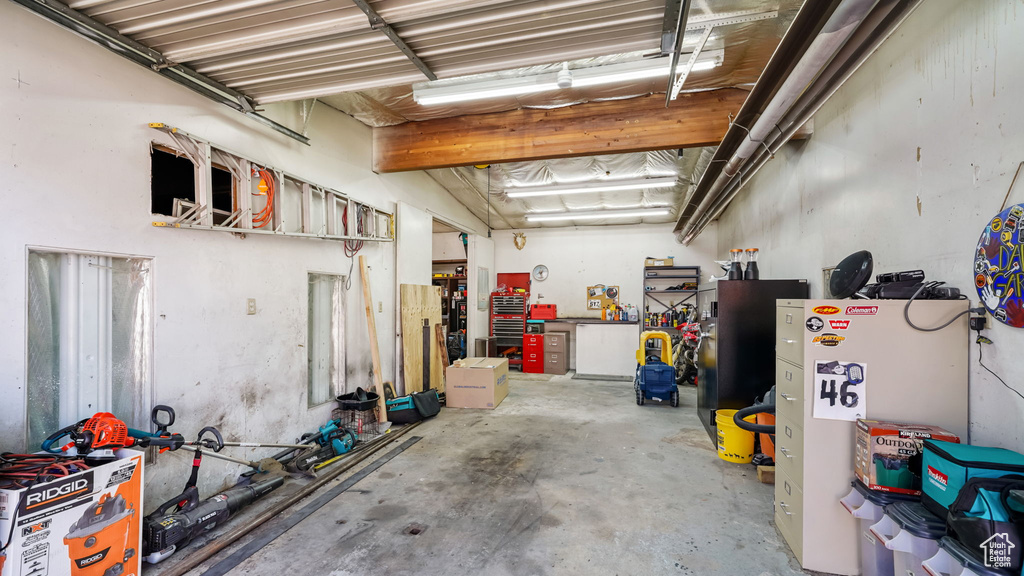Garage featuring a workshop area