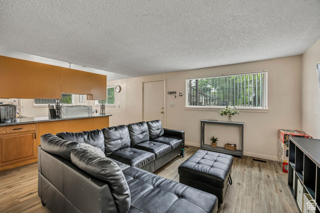 Living area featuring a textured ceiling, light wood-style flooring, and plenty of natural light