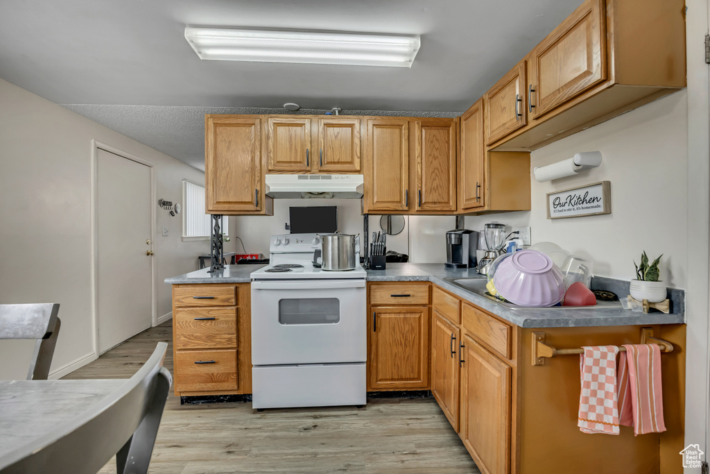 Kitchen featuring white range with electric stovetop, under cabinet range hood, and light wood-type flooring
