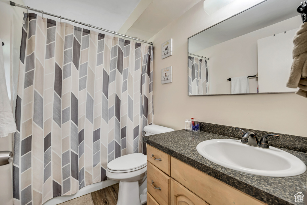 Full bathroom with vanity, wood finished floors, and a shower with shower curtain