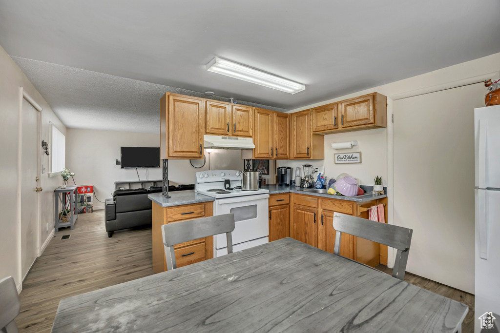 Kitchen with white appliances, under cabinet range hood, and light wood-style floors