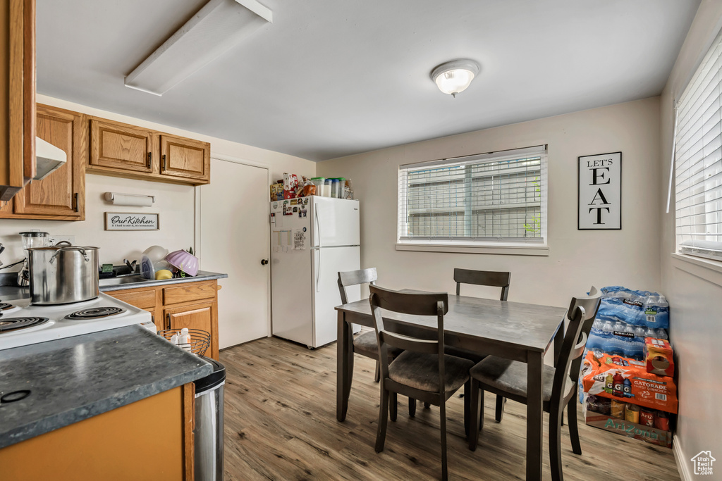 Kitchen featuring freestanding refrigerator, wood finished floors, brown cabinetry, extractor fan, and dark countertops