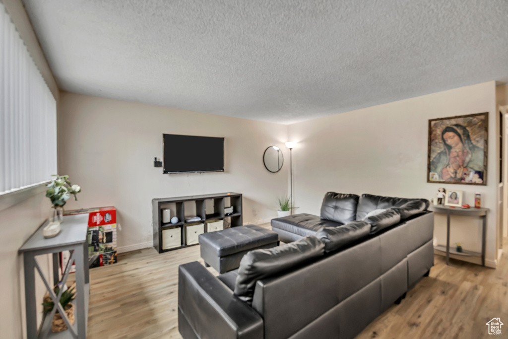 Living area featuring a textured ceiling and light wood-style floors