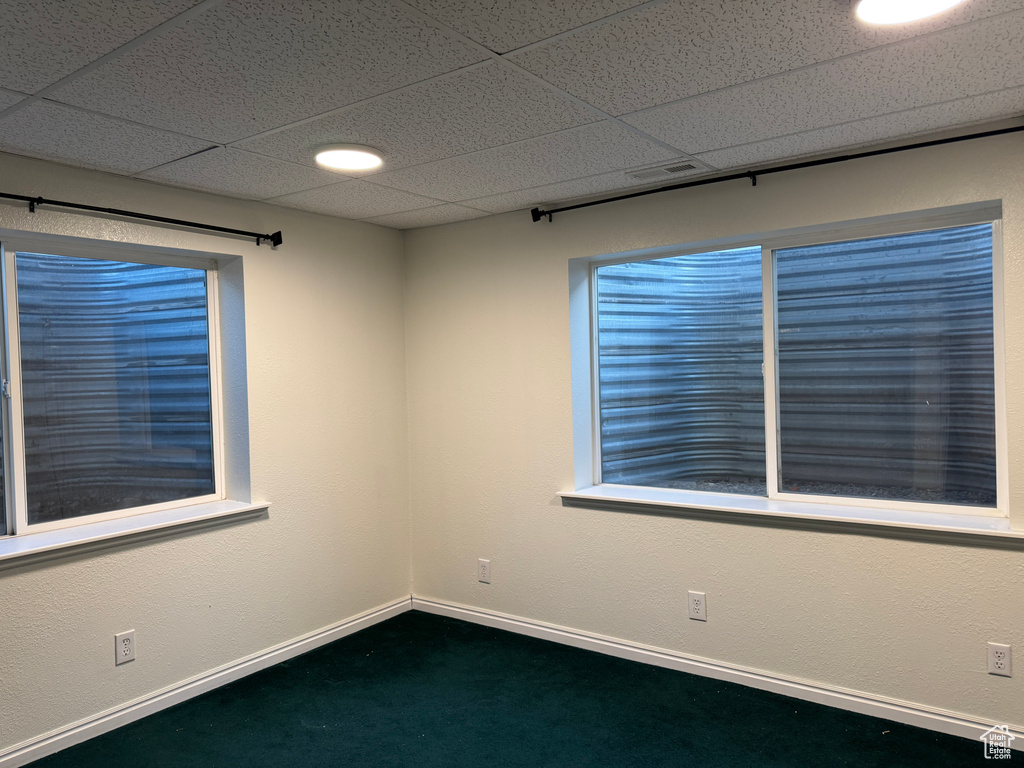 Spare room with carpet flooring and a paneled ceiling