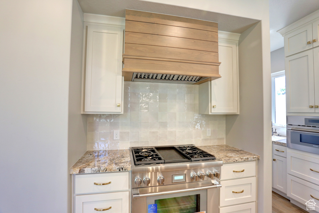 Kitchen with appliances with stainless steel finishes, custom exhaust hood, tasteful backsplash, white cabinetry, and light stone counters