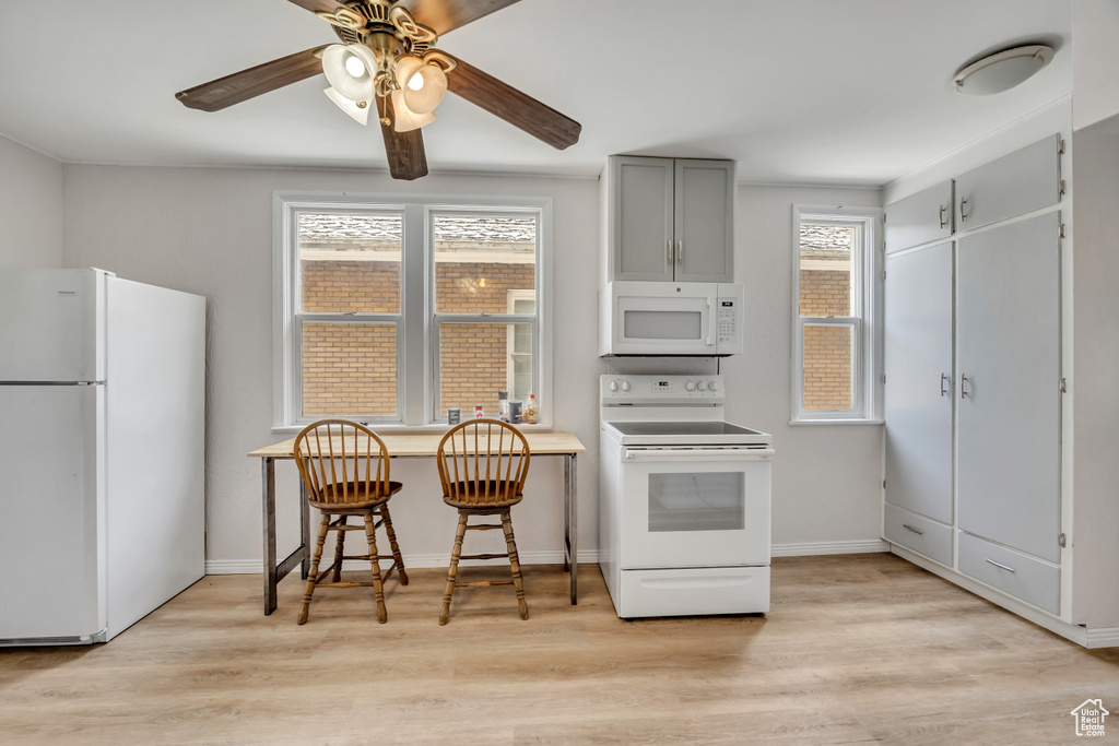 Kitchen with white appliances, a ceiling fan, light wood-style floors, and gray cabinetry