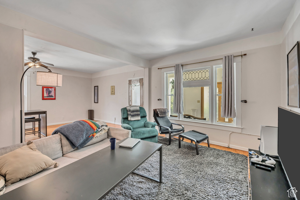 Living room featuring a ceiling fan and wood finished floors