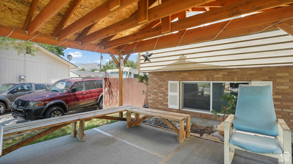 View of patio / terrace featuring a mountain view