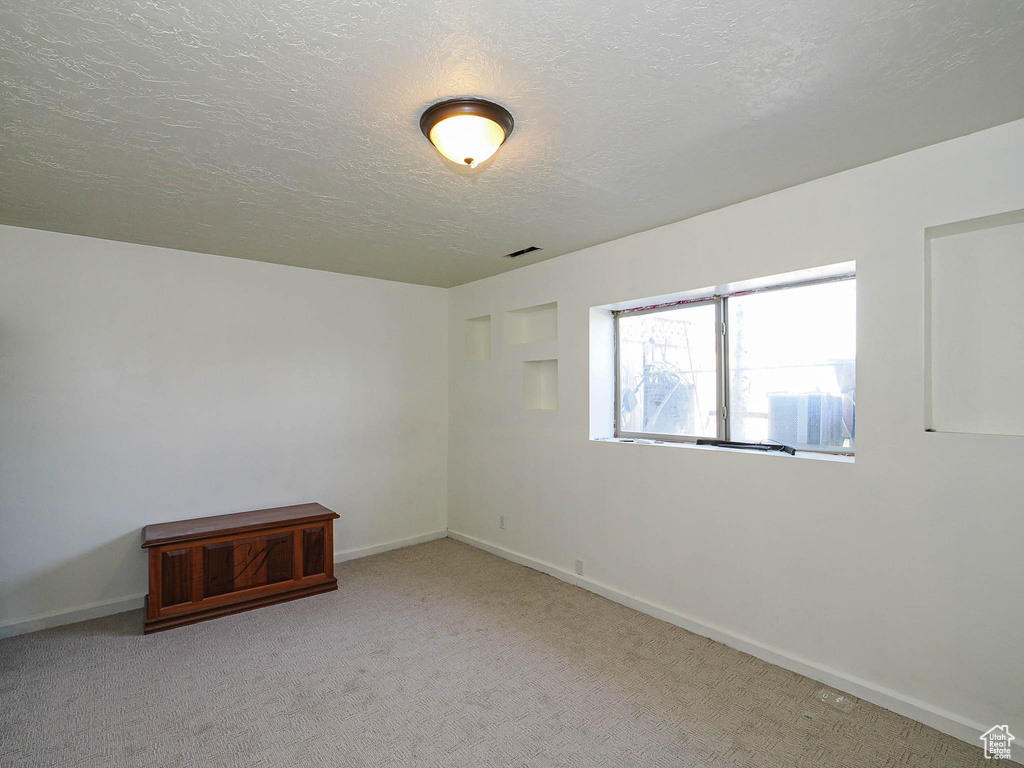 Spare room with light colored carpet and a textured ceiling