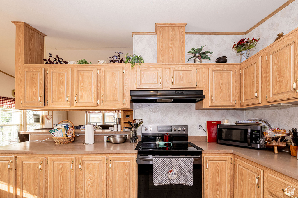 Kitchen with appliances with stainless steel finishes, exhaust hood, light countertops, light brown cabinets, and crown molding