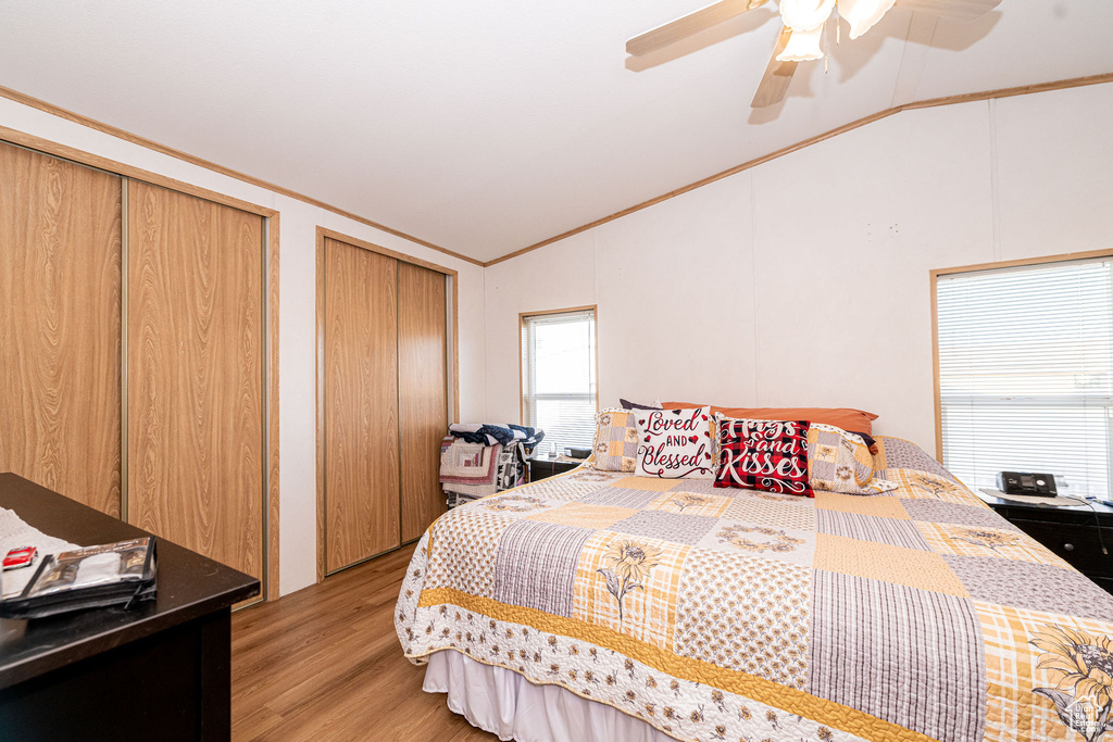 Bedroom featuring lofted ceiling, crown molding, light wood finished floors, multiple closets, and a ceiling fan