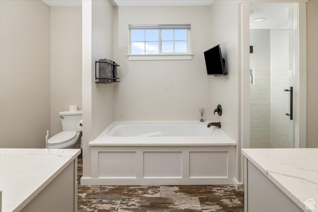 Bathroom featuring a garden tub, a stall shower, and vanity