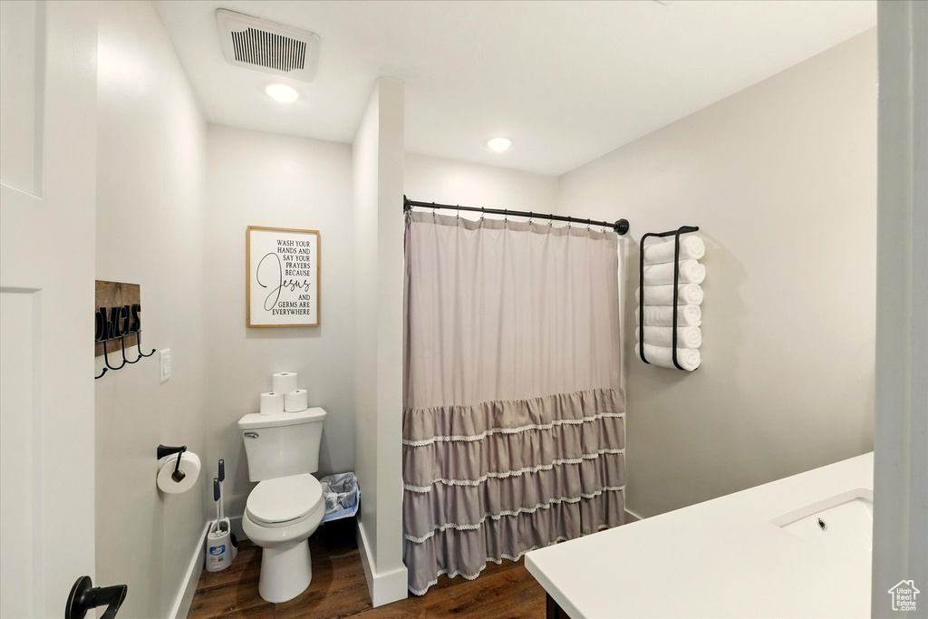 Bathroom with wood finished floors, a shower with shower curtain, and vanity