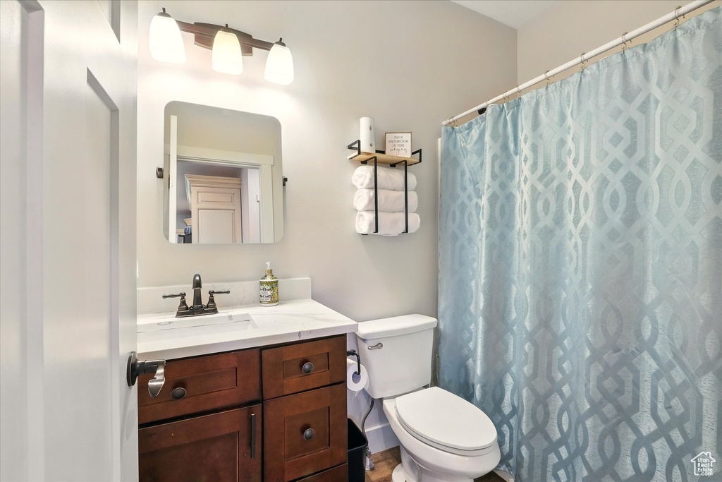 Full bathroom featuring vanity and a shower with shower curtain