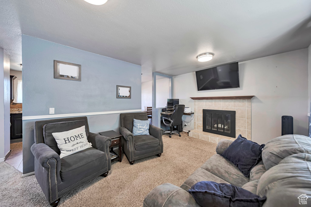 Carpeted living area with a fireplace