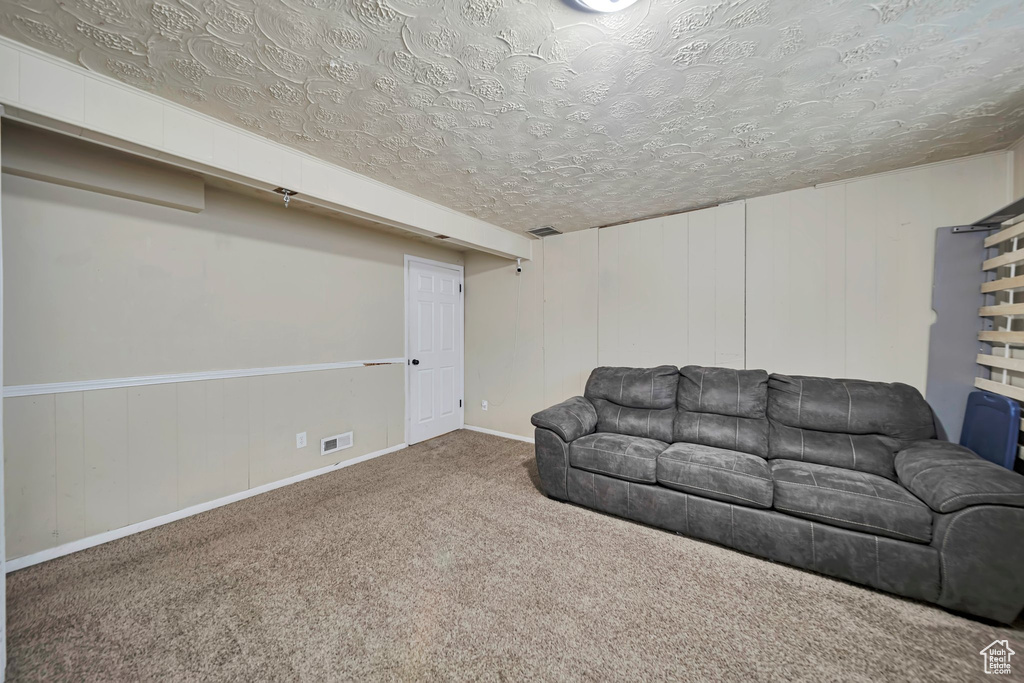 Living area featuring carpet flooring and a textured ceiling