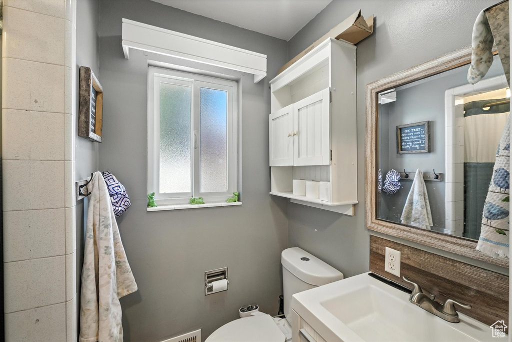 Full bath featuring vanity and a shower with shower curtain