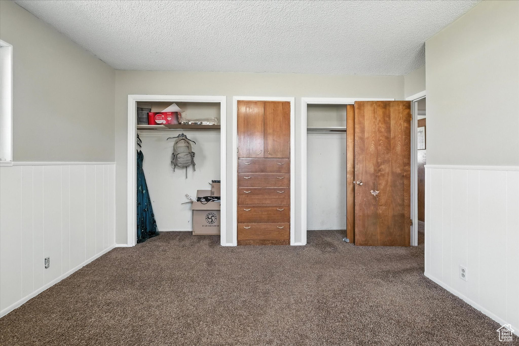 Unfurnished bedroom with two closets, a wainscoted wall, carpet floors, and a textured ceiling