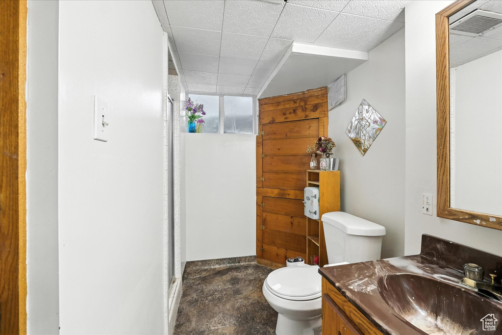 Full bathroom featuring a stall shower, vanity, and a paneled ceiling