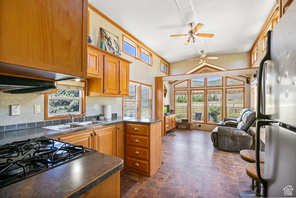 Kitchen featuring freestanding refrigerator, a ceiling fan, dark countertops, plenty of natural light, and a high ceiling