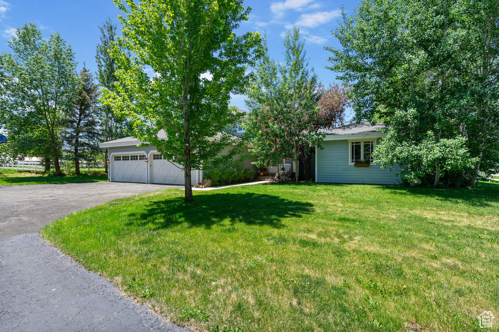 Obstructed view of property with driveway, a front lawn, and an attached garage