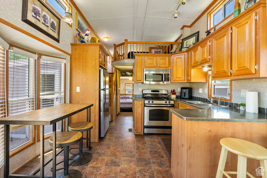 Kitchen featuring stainless steel appliances, dark countertops, dark stone finish flooring, a peninsula, and tasteful backsplash