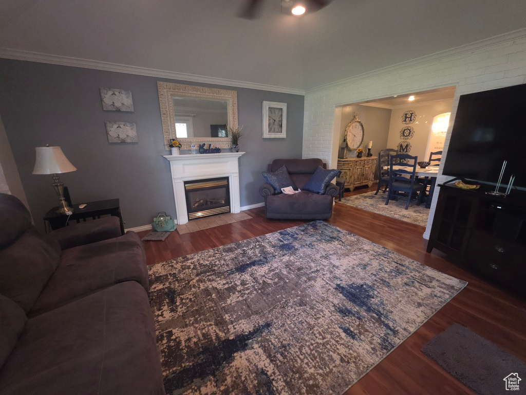 Living room with crown molding, wood finished floors, ceiling fan, and a fireplace with flush hearth