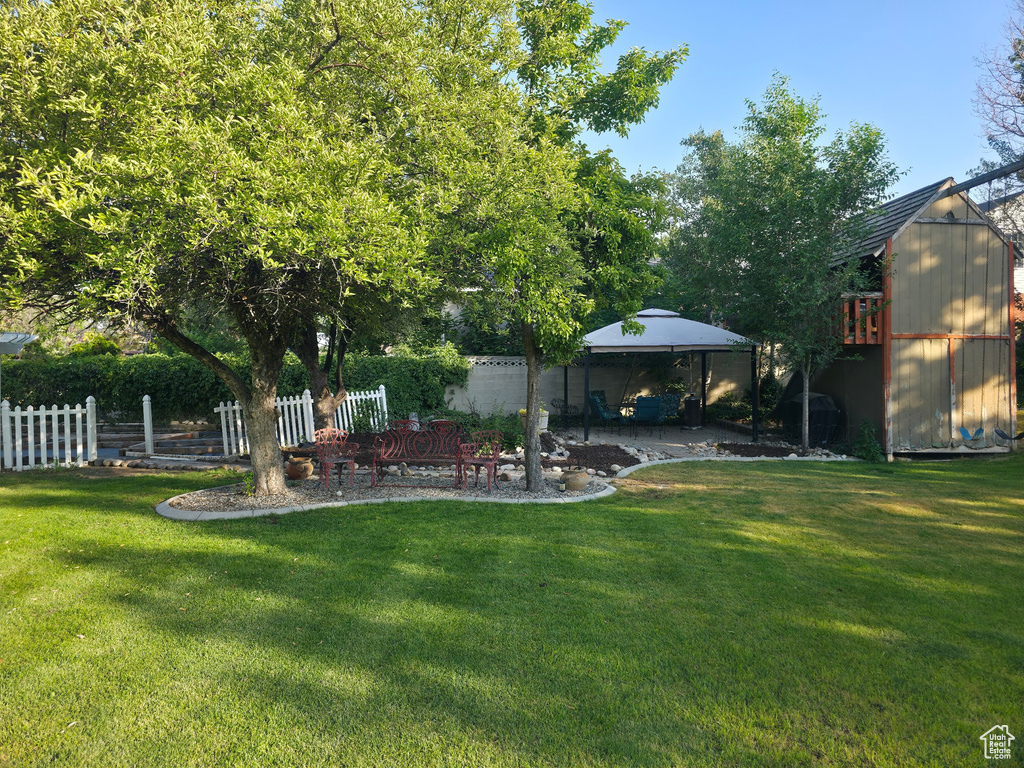 View of yard featuring a gazebo, a patio, and a storage unit