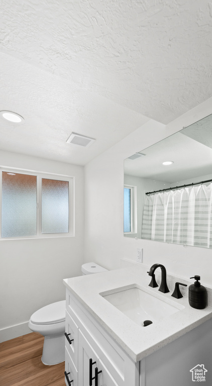 Full bathroom featuring vanity, wood finished floors, and a textured ceiling