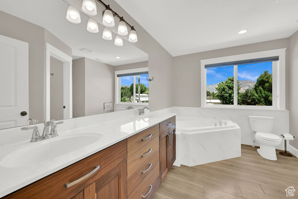 Full bath with a garden tub, double vanity, and recessed lighting