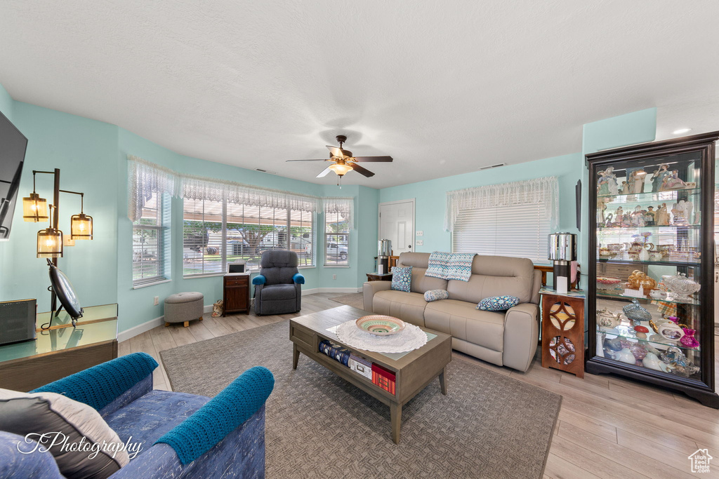 Living room with light wood finished floors and a ceiling fan