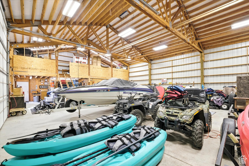 Garage featuring metal wall
