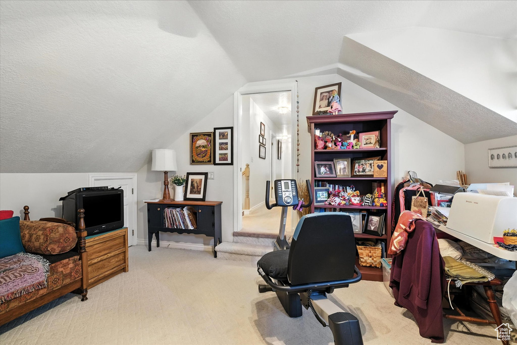Carpeted office featuring lofted ceiling and a textured ceiling