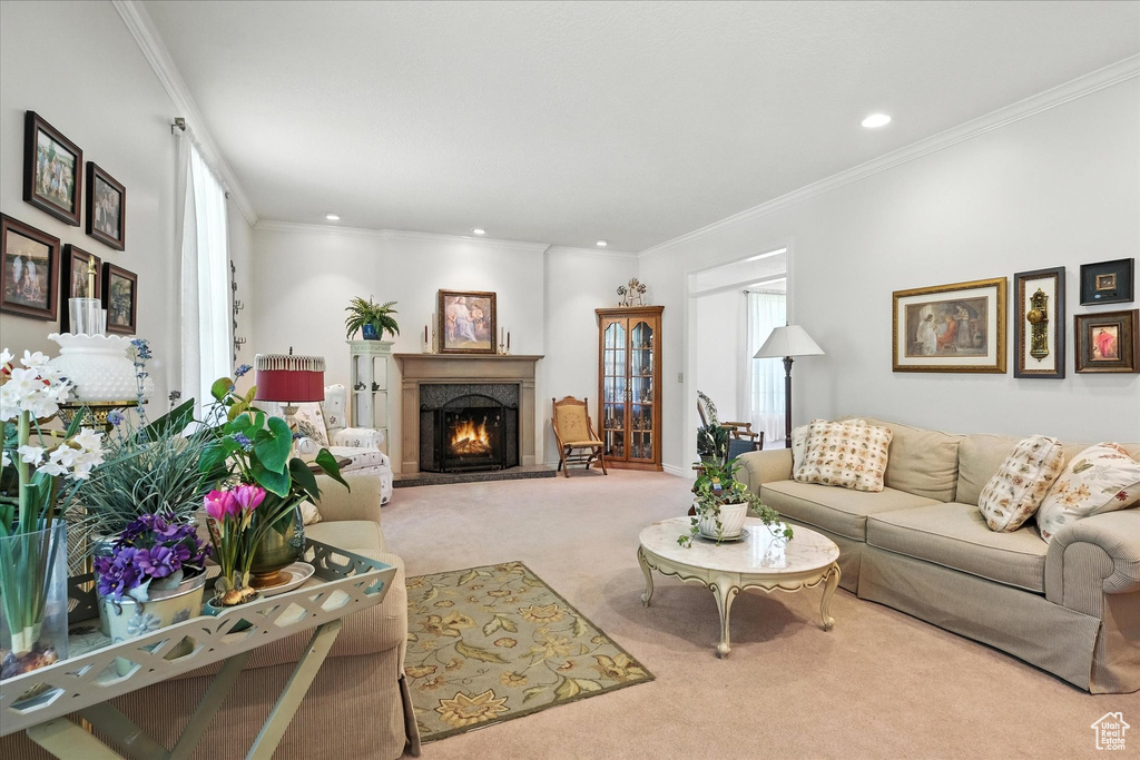 Living area featuring carpet, a lit fireplace, crown molding, and recessed lighting