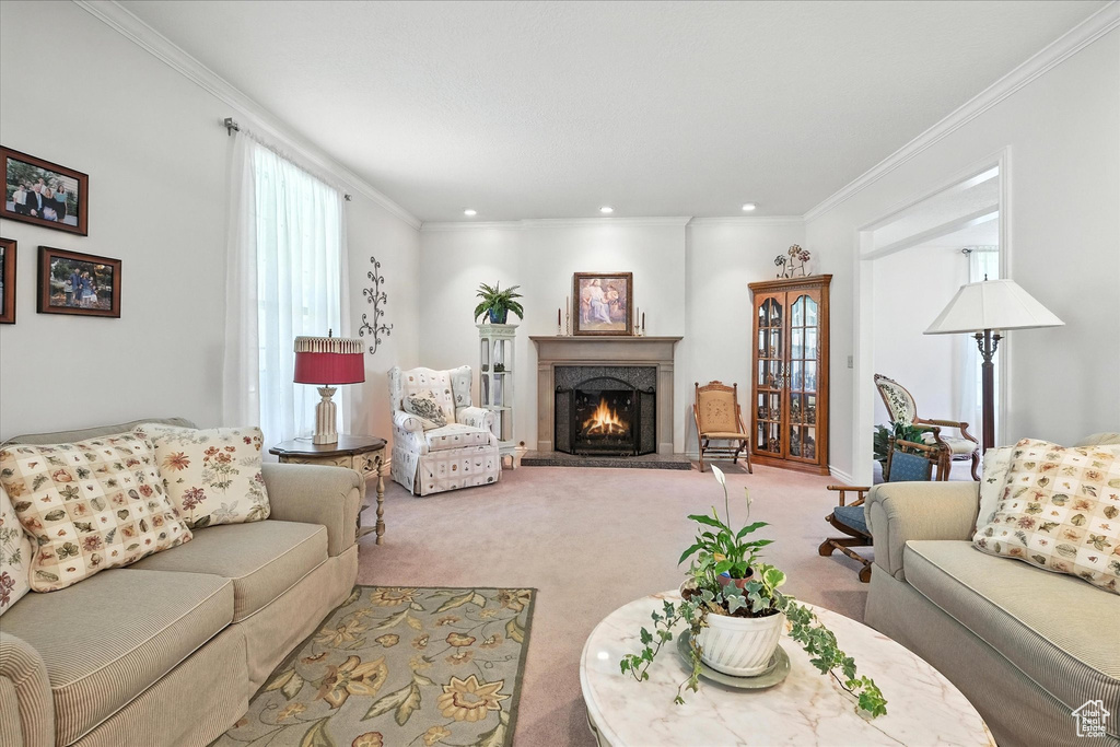 Carpeted living room with a high end fireplace, ornamental molding, and recessed lighting