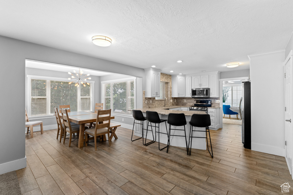 Kitchen with stainless steel appliances, a peninsula, white cabinets, a kitchen bar, and decorative backsplash