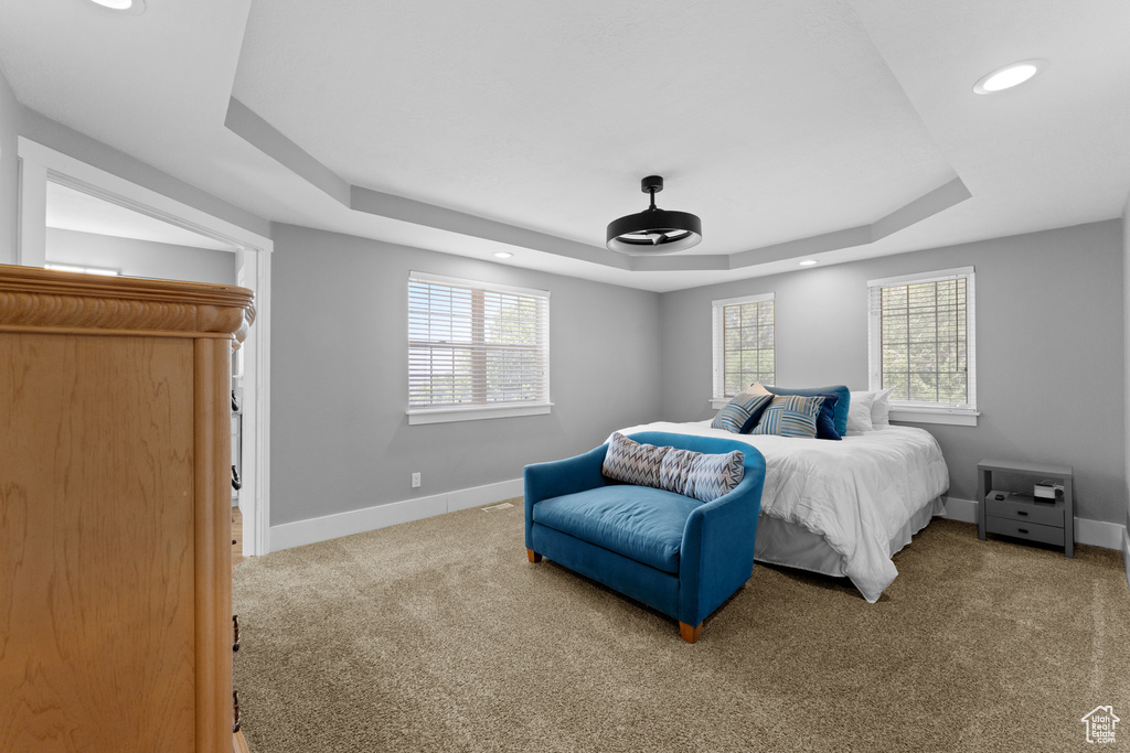 Bedroom featuring a tray ceiling, recessed lighting, multiple windows, and carpet