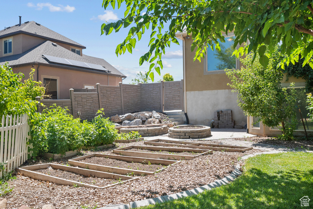 Fenced backyard with a garden