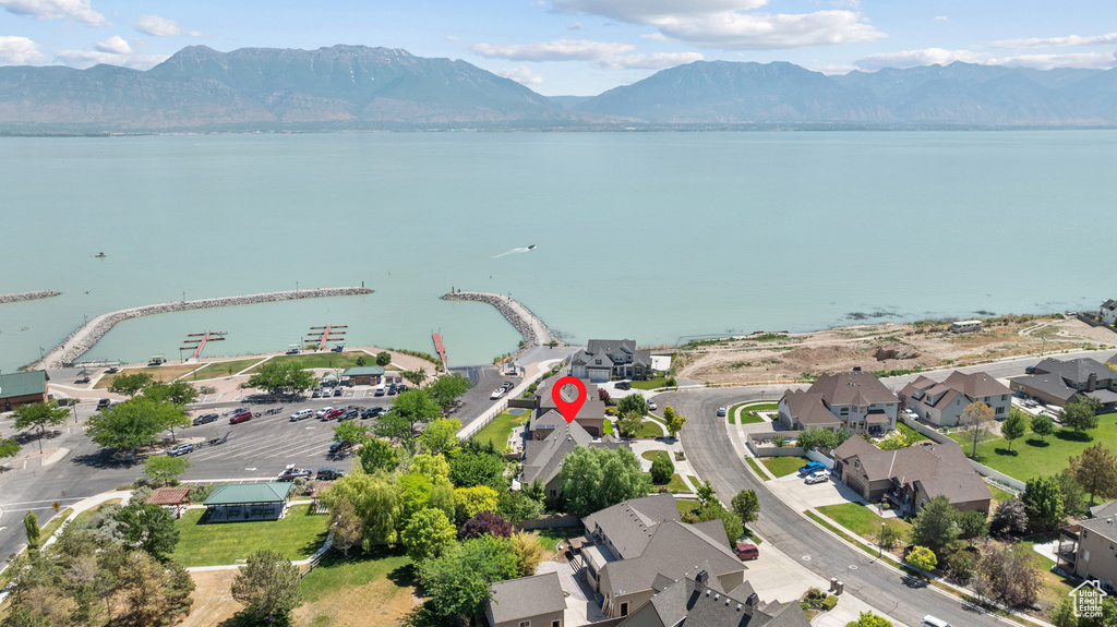 Aerial view of a water and mountain view