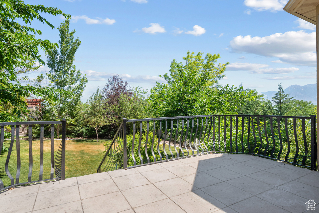View of patio with a mountain view