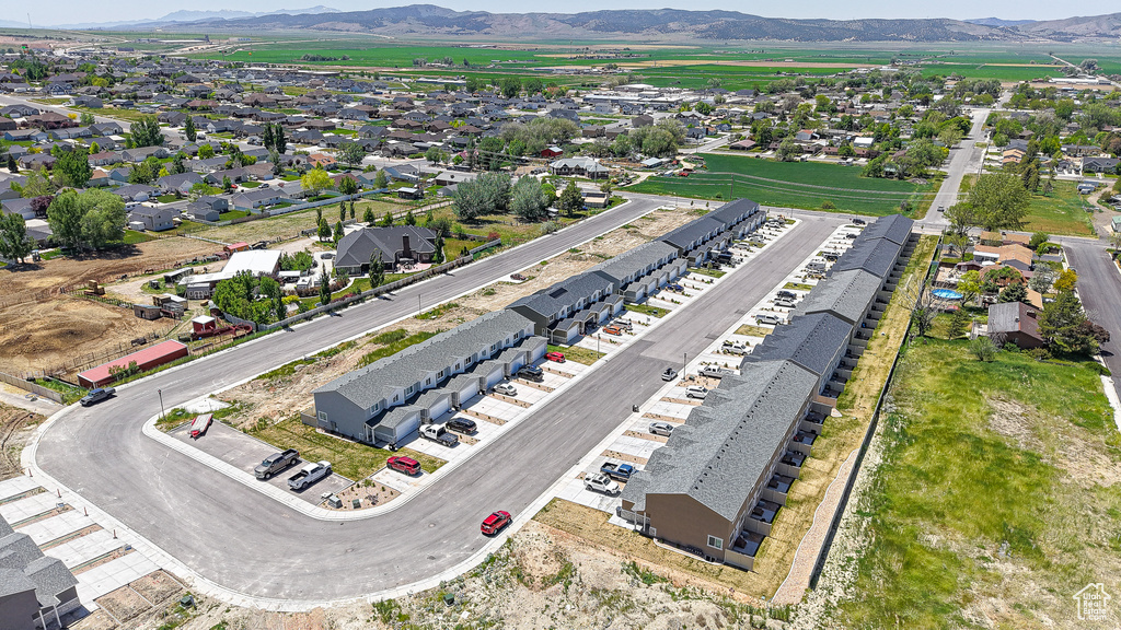 Aerial perspective of suburban area with mountains