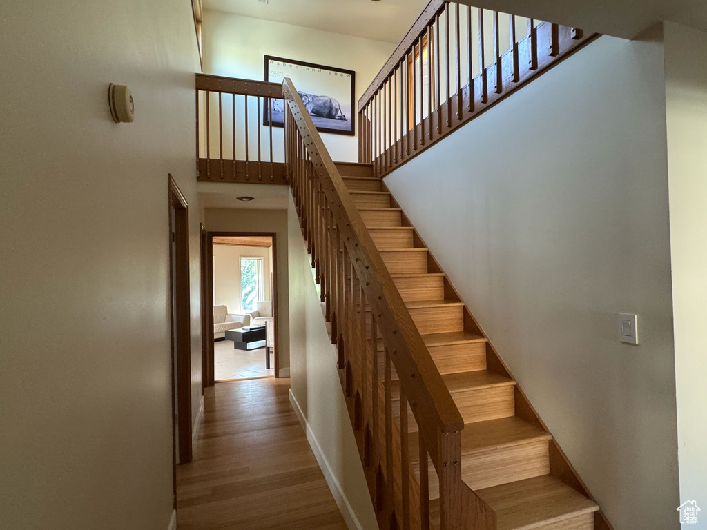 Staircase featuring a high ceiling and wood finished floors