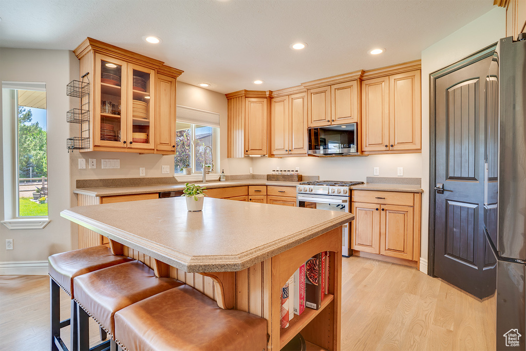 Kitchen featuring stainless steel appliances, light wood finished floors, light countertops, recessed lighting, and a kitchen breakfast bar